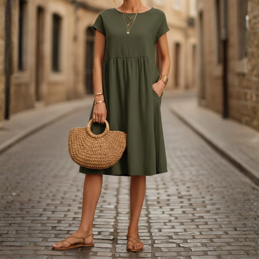 Beige Midi Ruffle Dress with Short Sleeves for Women