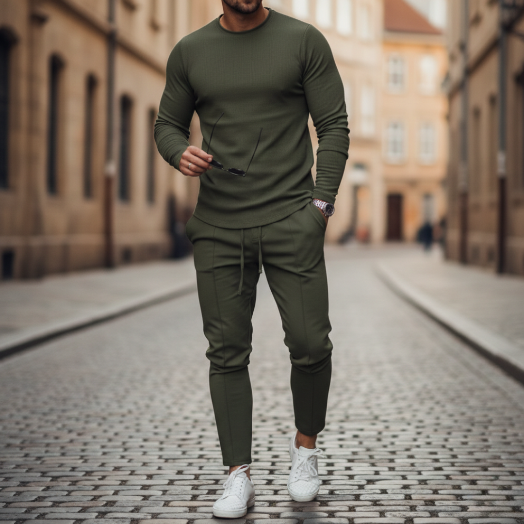 Men's Knit Coordinated Set with Slim Pants and Crew Neck Sweatshirt