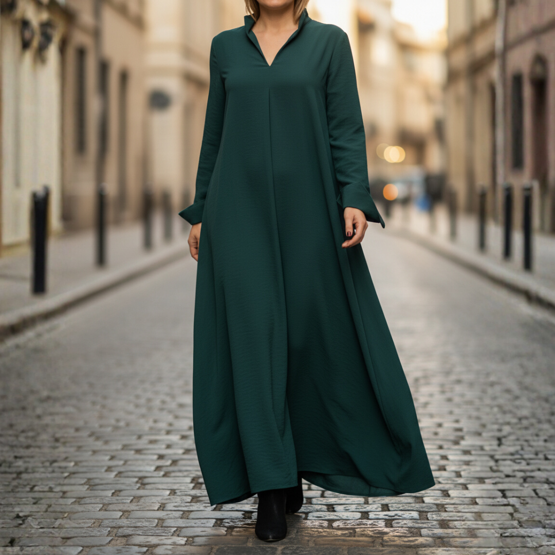 Long Women's Dress with High Collar and Pockets