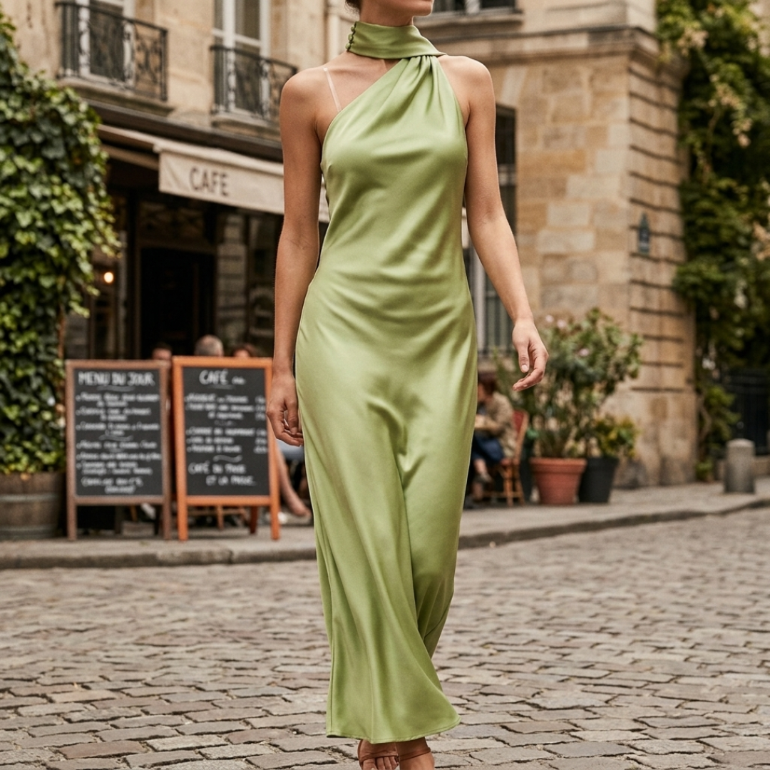 Women's Maxi Dress in Satin with American Neckline