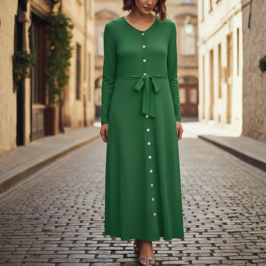 Women's Long Sleeve Shirt Dress with Waist Belt, Buttons, and V-Neck