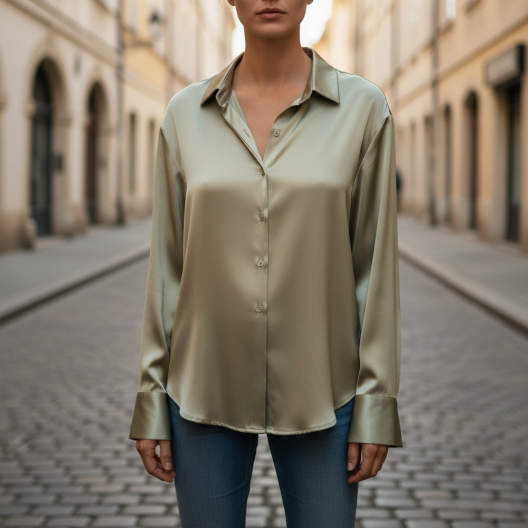 Shiny Satin Button-Up Shirt for Women