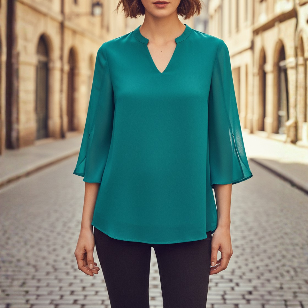 V-Neck Pistachio Blouse with Tulip Sleeves for Women