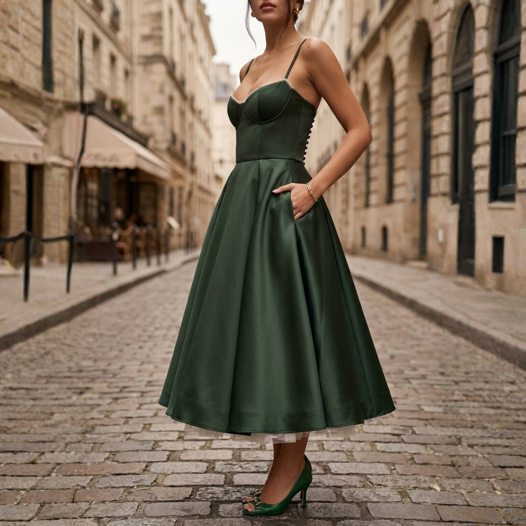 Women's Midi Dress in Satin with Structured Bodice and Straps