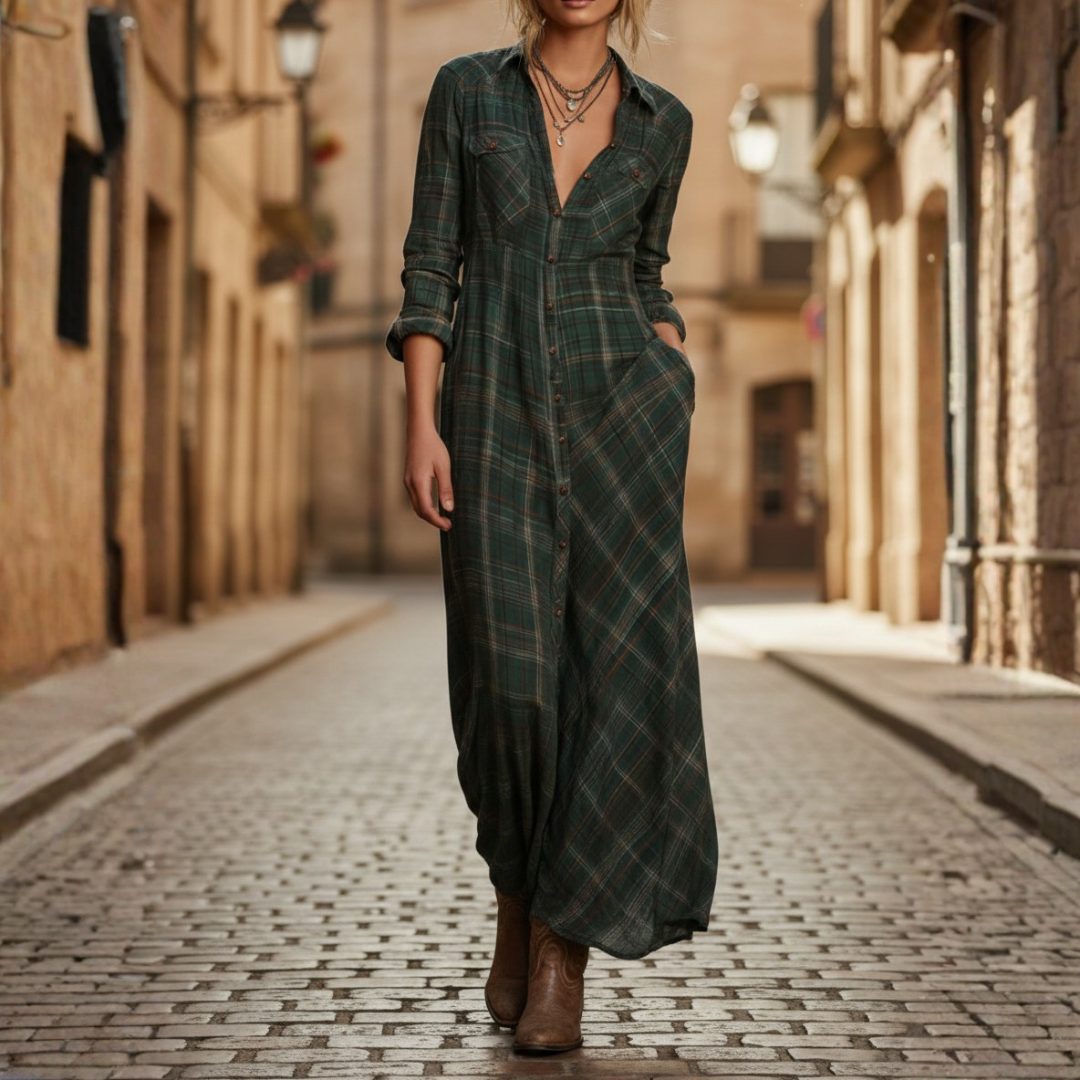 Women's Maxi Plaid Dress with Buttons and Long Sleeves