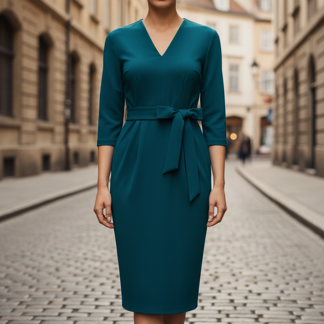 Teal Midi Dress for Women with V-Neck and Belt