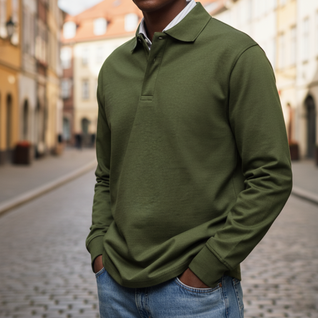 Men's Long Sleeve Polo with Collar and Button