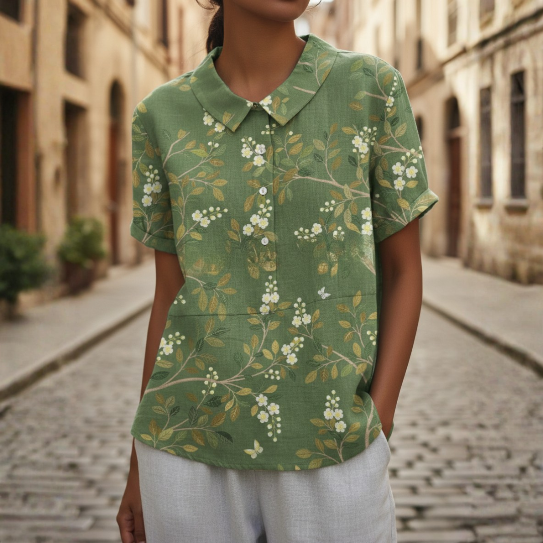 Embroidered Floral Short Sleeve Blouse with Peter Pan Collar for Women