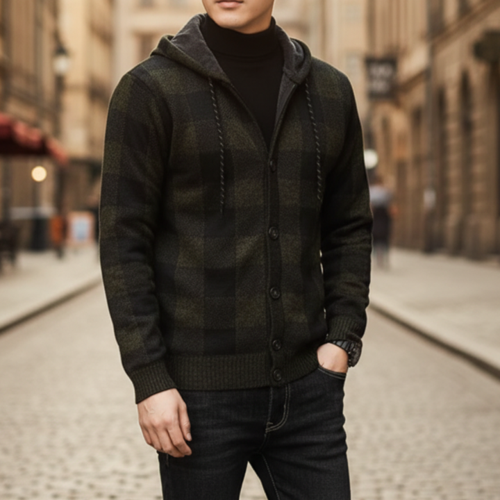Men's Hooded Checkered Cardigan – Winter Jacket