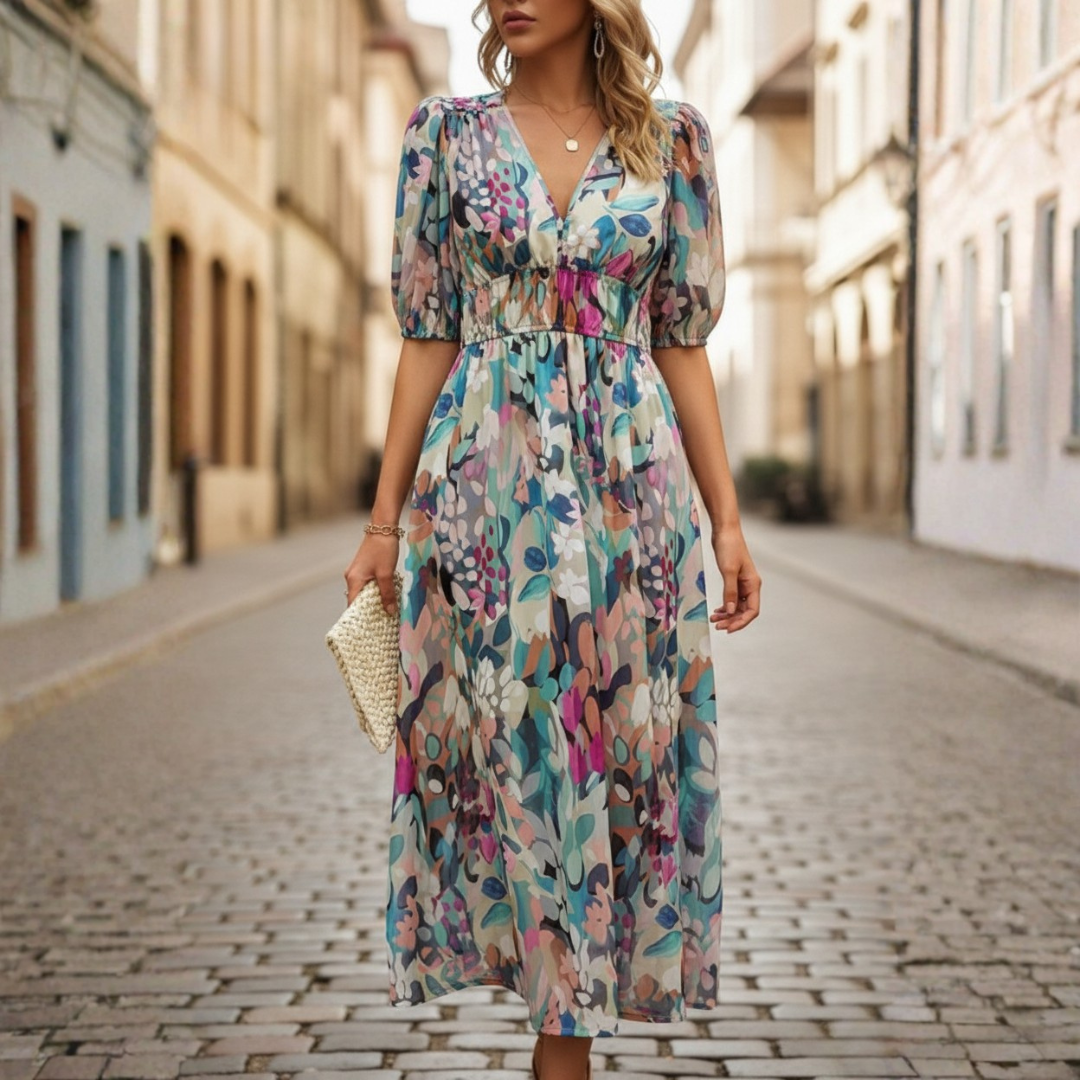 Women's Midi Dress with V-Neck and Geometric Print