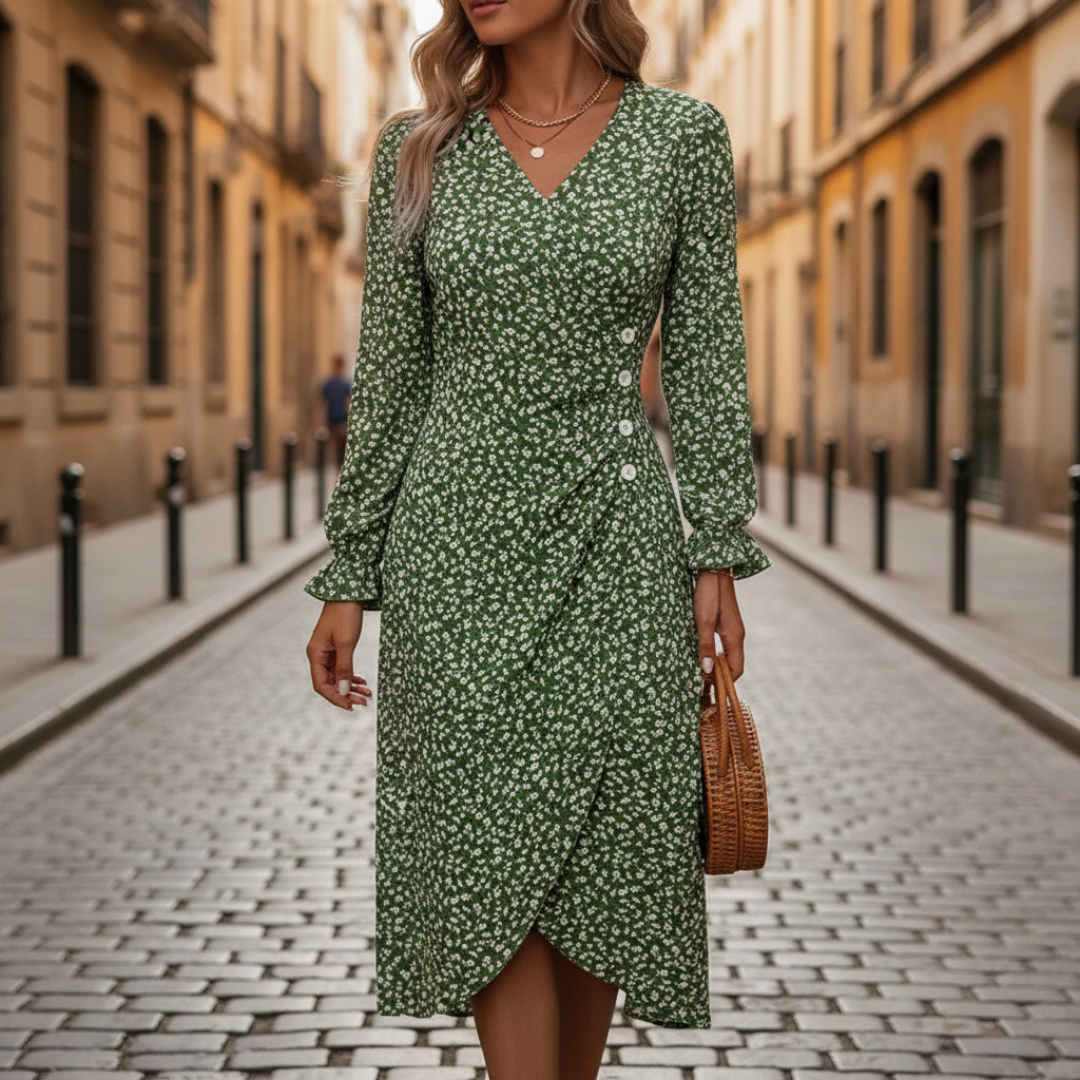 Women's Floral Midi Dress with V-Neck and Long Sleeves
