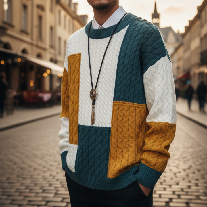 Colorful Men's Wool Sweater with Geometric Patterns