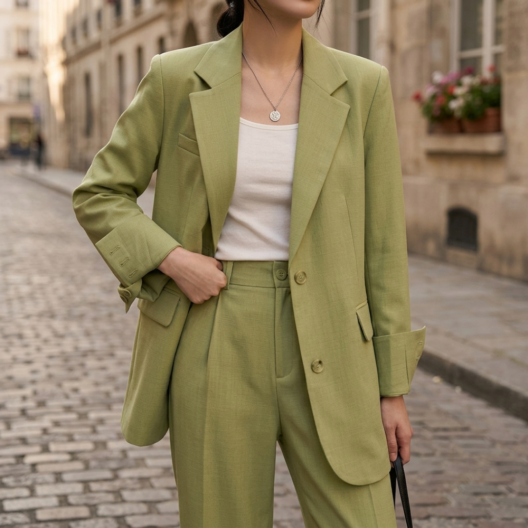 Women's Pinstripe Suit with Single-Breasted Blazer and High-Waisted Pants