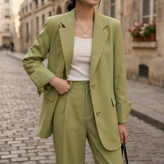 Women's Pinstripe Suit with Single-Breasted Blazer and High-Waisted Pants