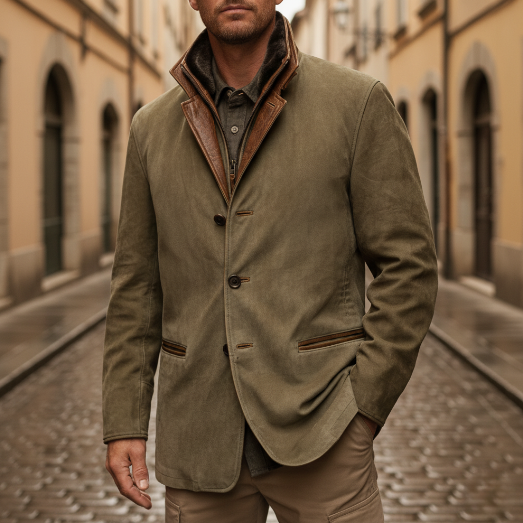 Men's Winter Jacket in Suede with Faux Leather Collar