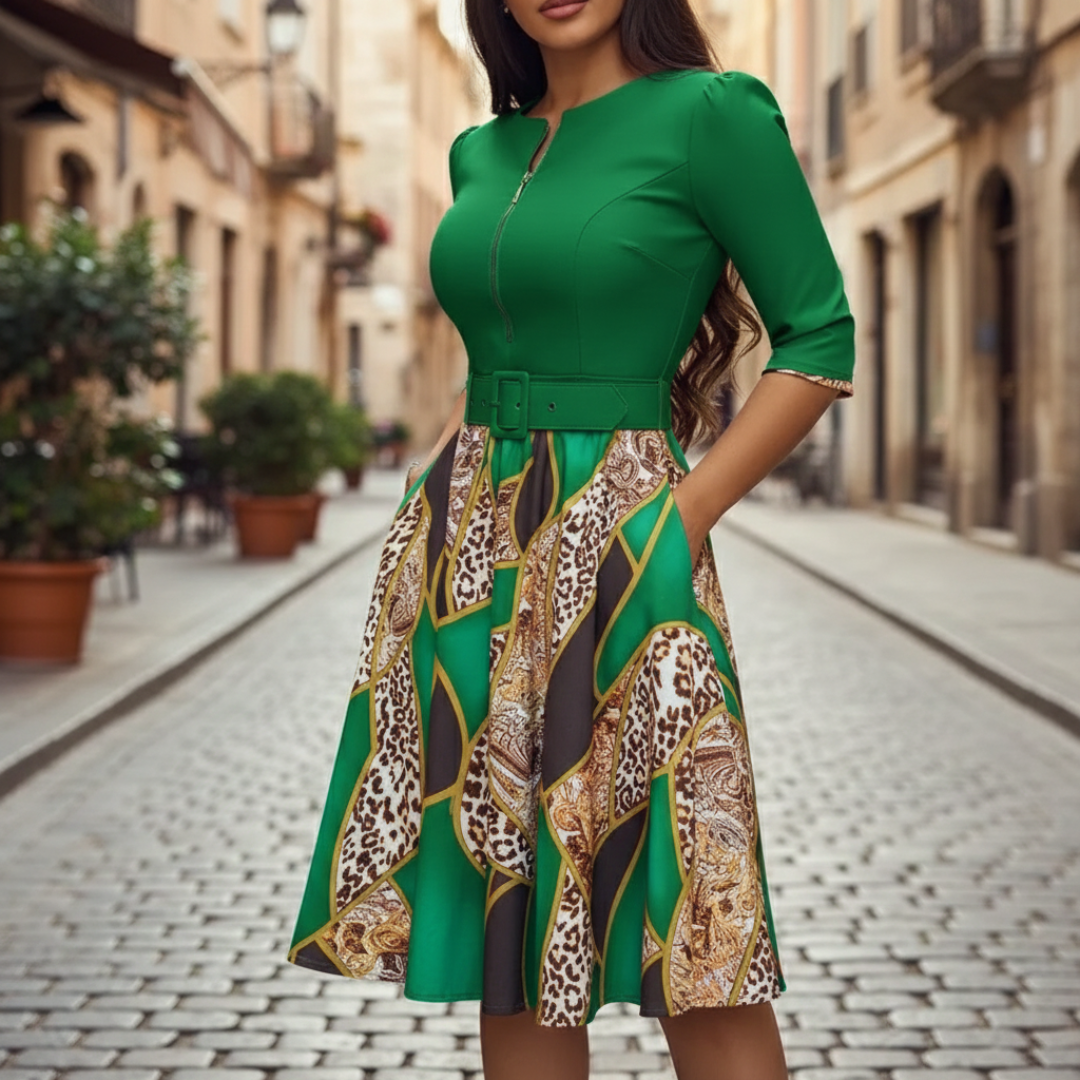 Women's Flared Dress with Front Zip and Belt