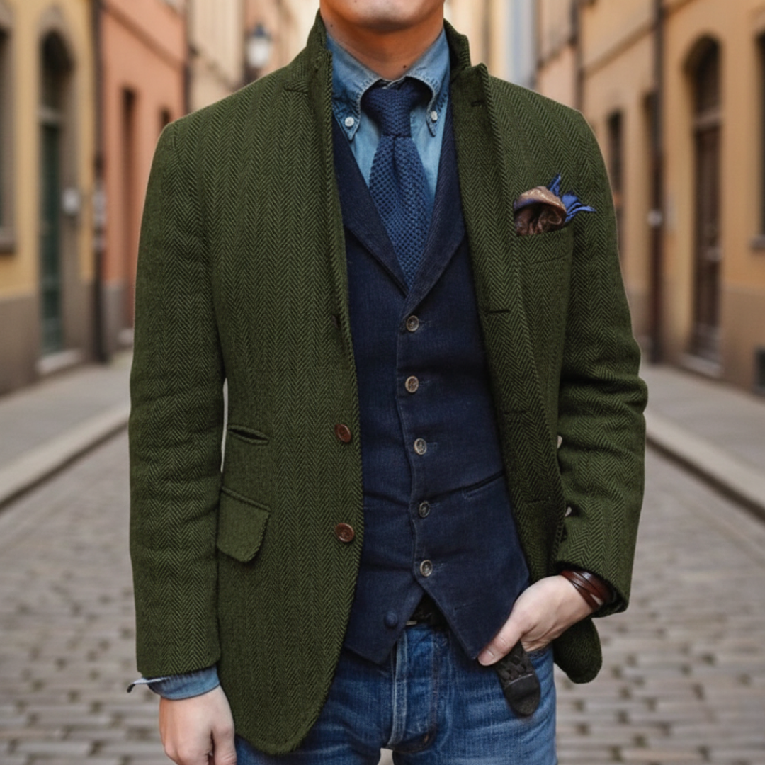 Men's Korean Collar Blazer in Mixed Fabric