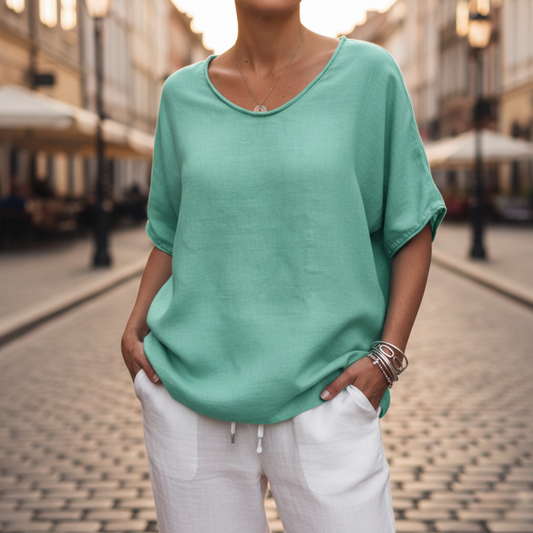 Short Sleeve Blouse with Round Neck Solid Color for Women