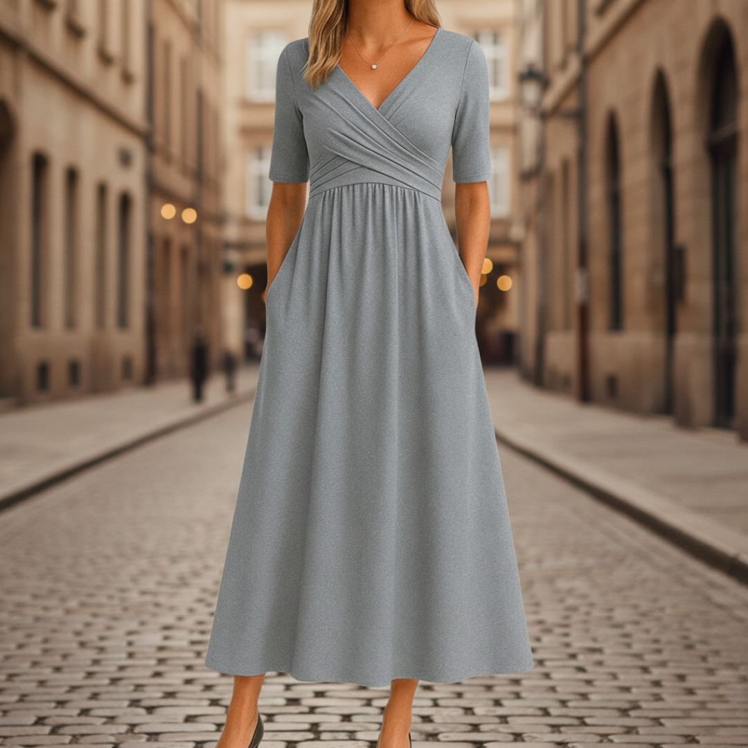 Women's Midi Dress with Pleats and V-Neck