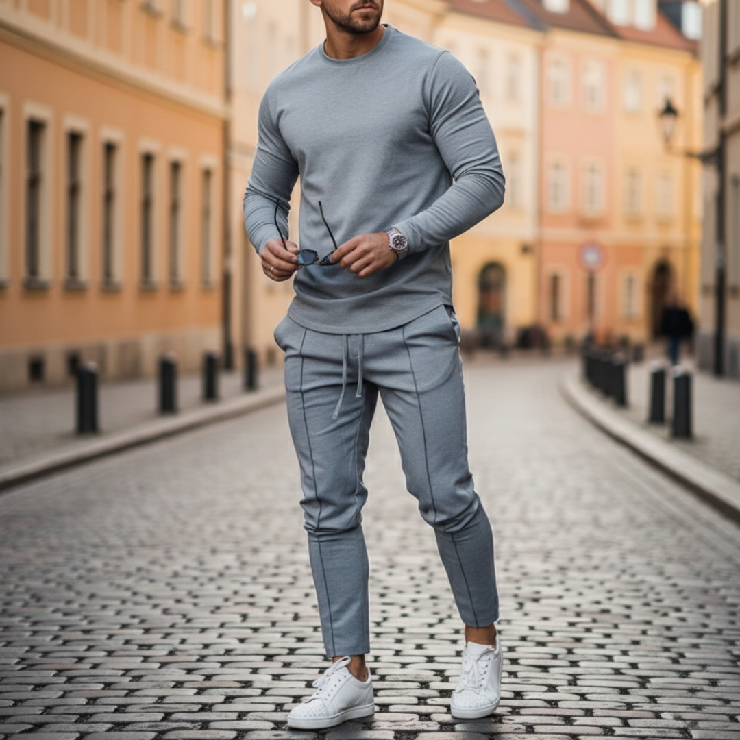 Men's Knit Coordinated Set with Slim Pants and Crew Neck Sweatshirt