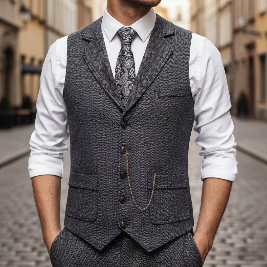 Men's Slim Fit Houndstooth Tweed Vest with Lapels and Buttons