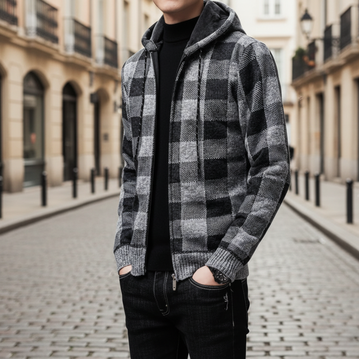 Men's Hooded Checkered Cardigan – Winter Jacket