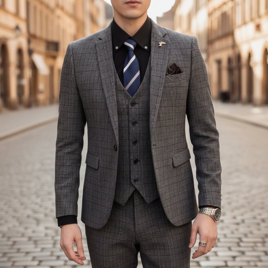 Men's 3-Piece Checkered Fabric Suit