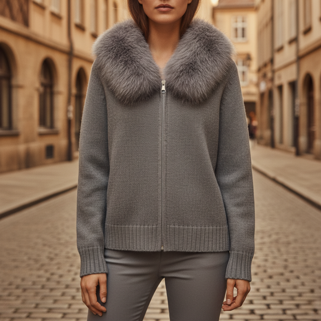 Women's Mixed Fabric Jacket with Synthetic Fur Collar