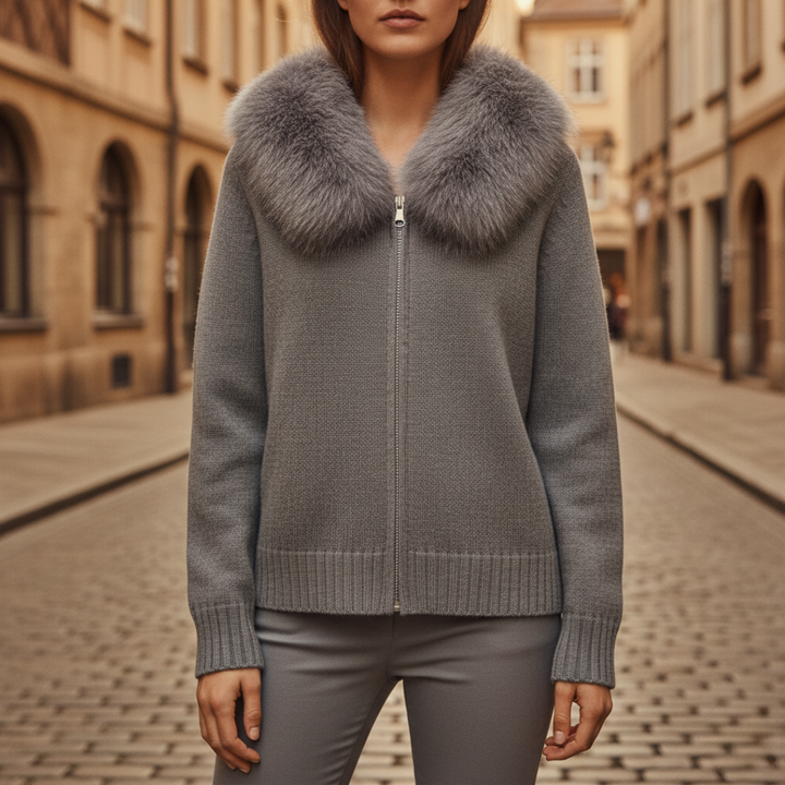 Women's Mixed Fabric Jacket with Synthetic Fur Collar