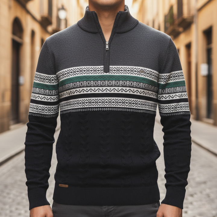 Men's Half Zip Sweater in Mixed Fabric Pattern
