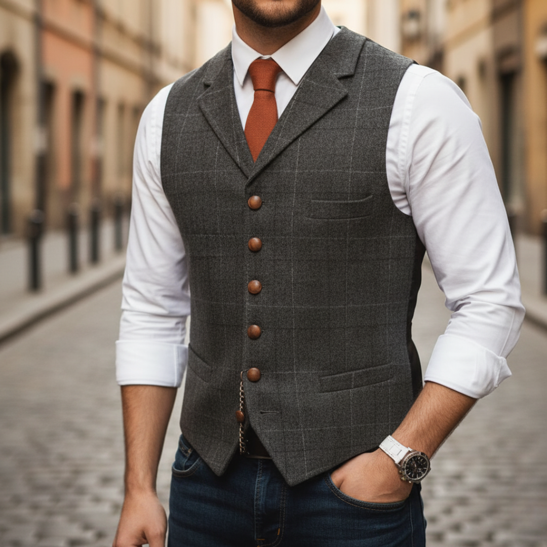 Elegant Men's Single-Breasted Check Waistcoat