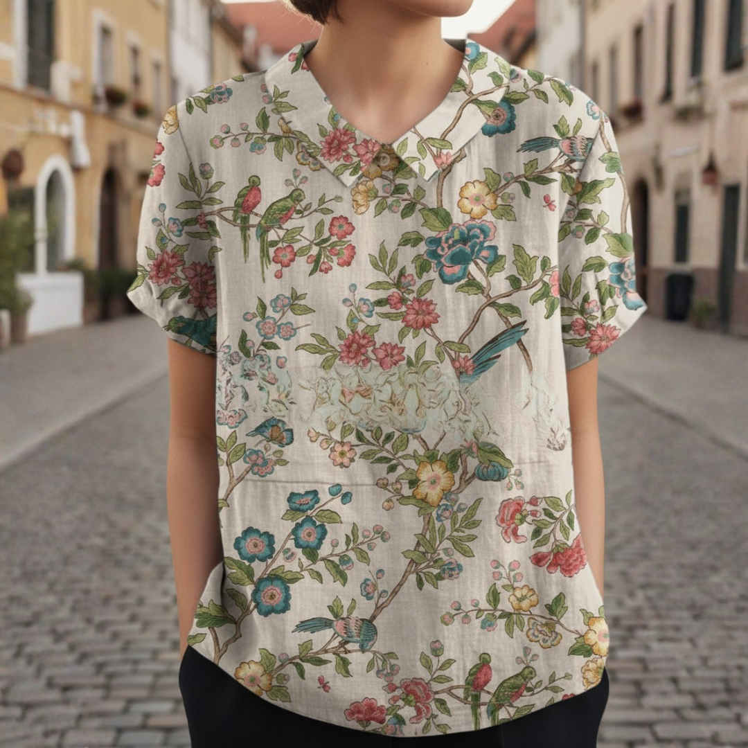 Embroidered Floral Short Sleeve Blouse with Peter Pan Collar for Women