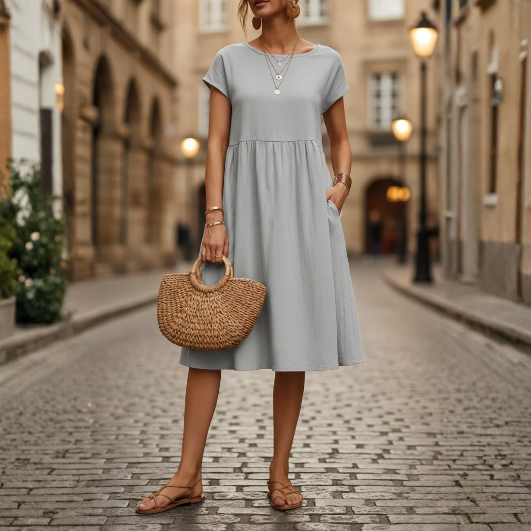Beige Midi Ruffle Dress with Short Sleeves for Women