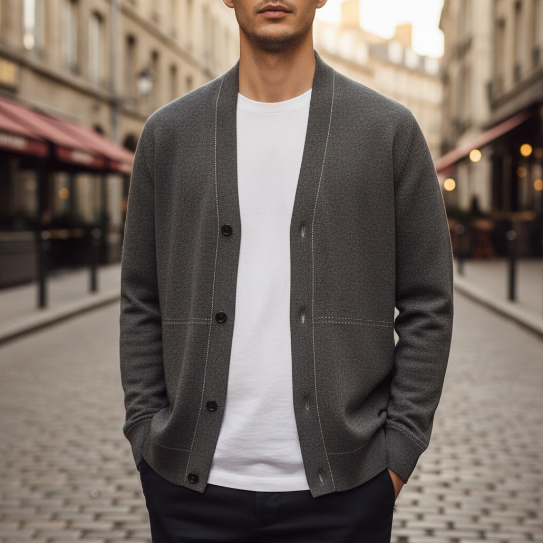 Men's cardigan in mixed material with buttons and long sleeves