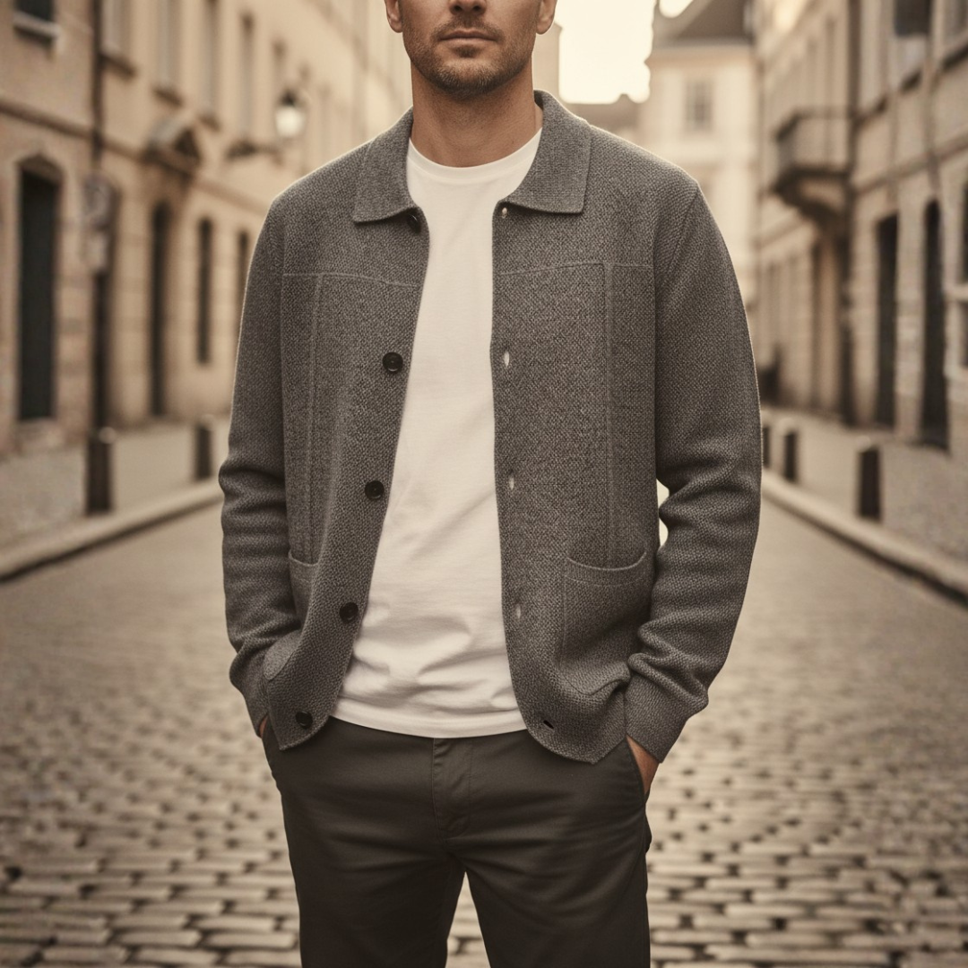 Men's Cardigan with Buttons and Collar in Yarn