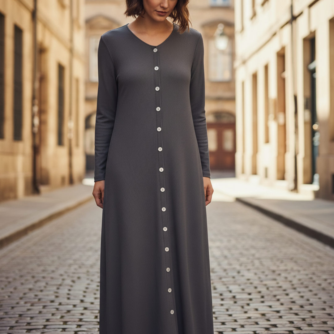 Women's Long Sleeve Maxi Dress in Ribbed Knit with Buttons