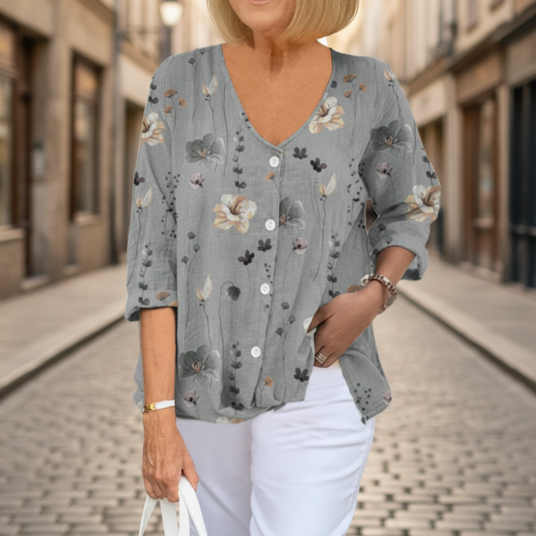 Women's Blouse Floral Print Buttons V-Neck Three-Quarter Sleeve