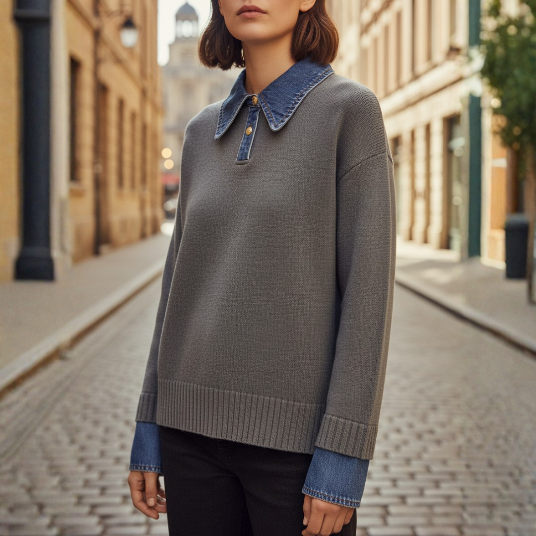 Women's Sweater with Denim Collar