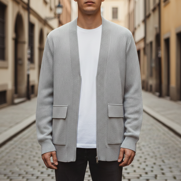 Cashmere Cardigan with Zipper, Woven Knit, Men's Pockets
