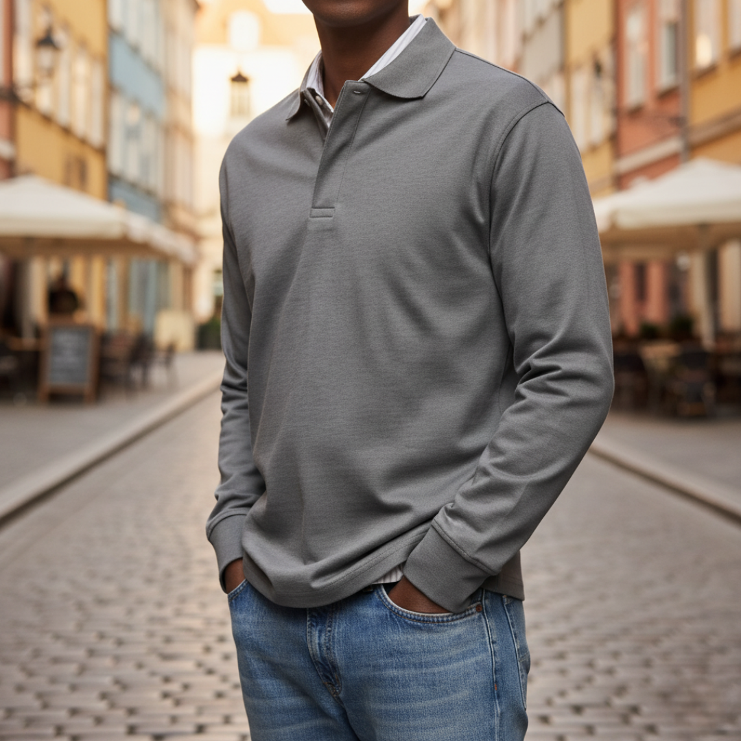 Men's Long Sleeve Polo with Collar and Button