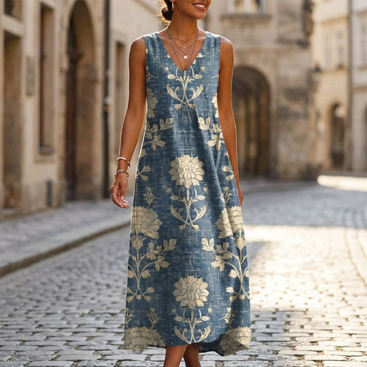 Women's Floral Print Sleeveless Dress | Elegant V-Neck Autumn Fashion 1