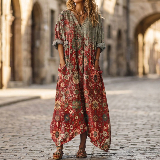 Women's Lightweight Printed Maxi Dress | Relaxed Fit V-Neck Long Sleeve 1