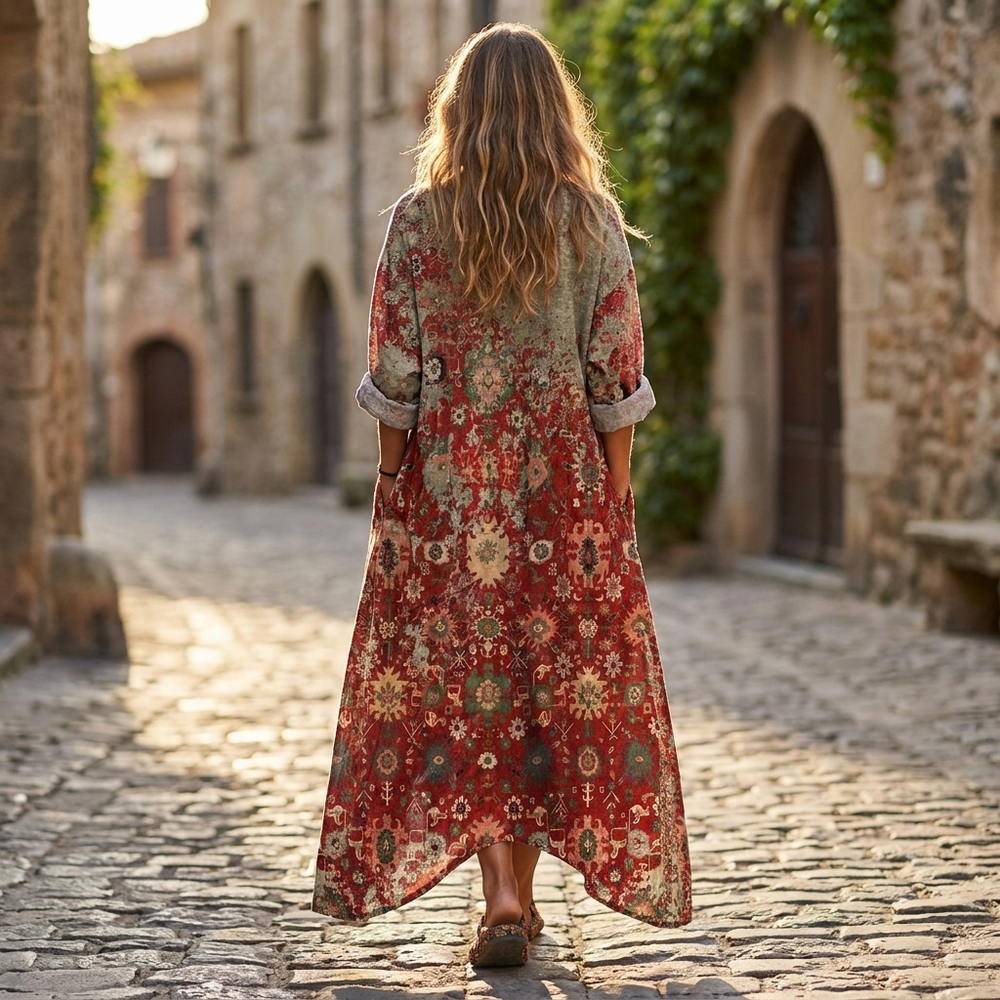 Women's Lightweight Printed Maxi Dress | Relaxed Fit V-Neck Long Sleeve 2