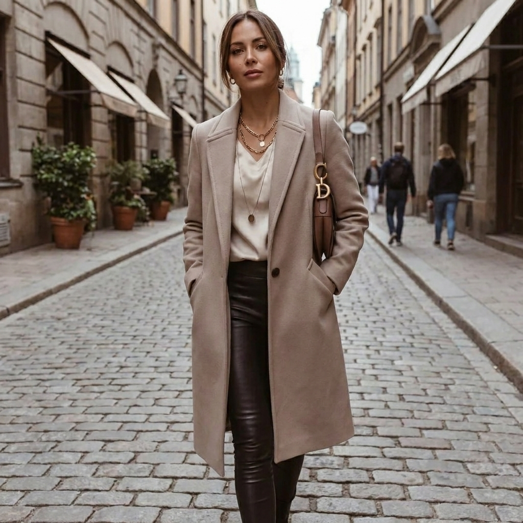Cappotto lungo classico da donna con rever lussuosi