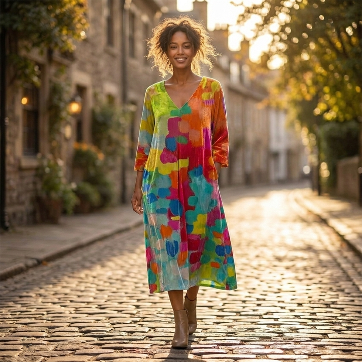 Vestito midi da donna in velluto floreale | Comodo, ampio, con scollo a V e maniche a tre quarti