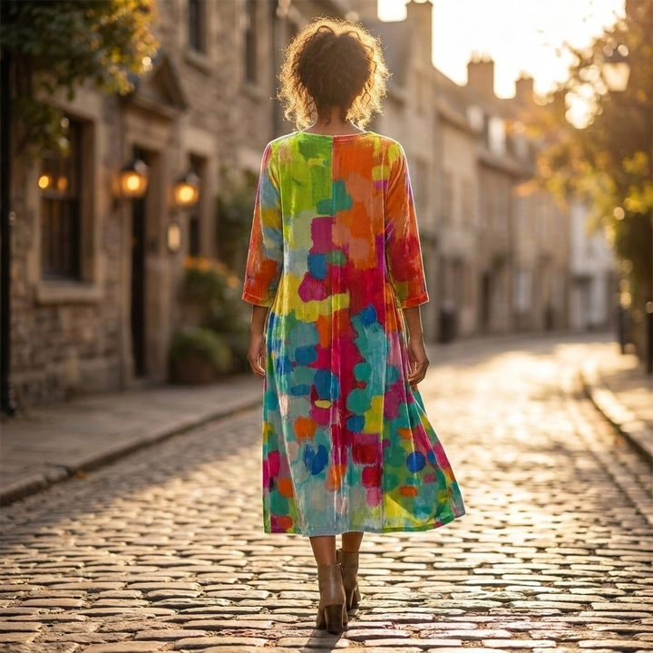 Vestito midi da donna in velluto floreale | Comodo, ampio, con scollo a V e maniche a tre quarti