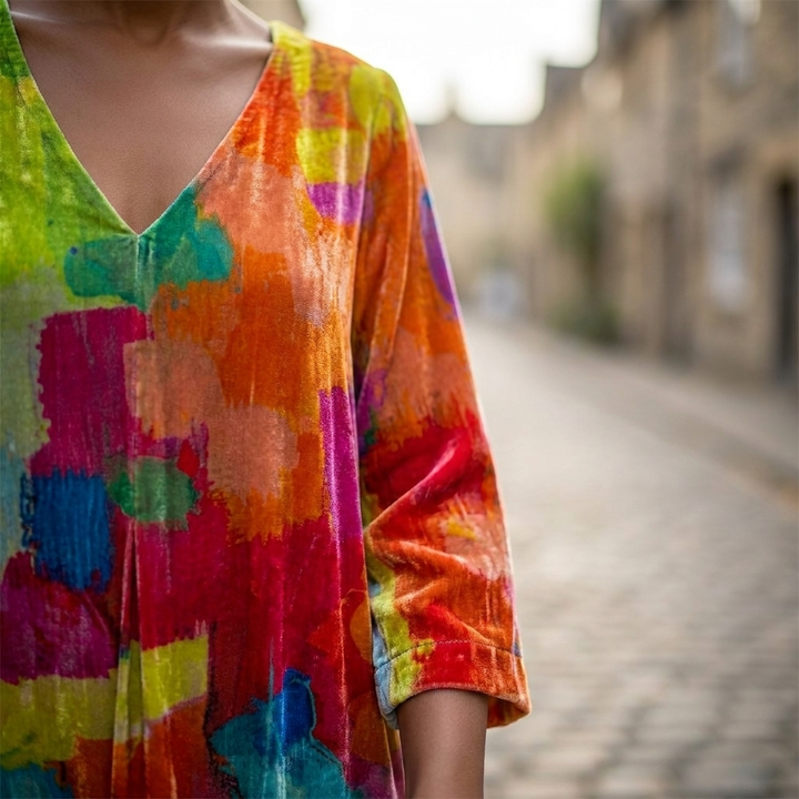 Vestito midi da donna in velluto floreale | Comodo, ampio, con scollo a V e maniche a tre quarti