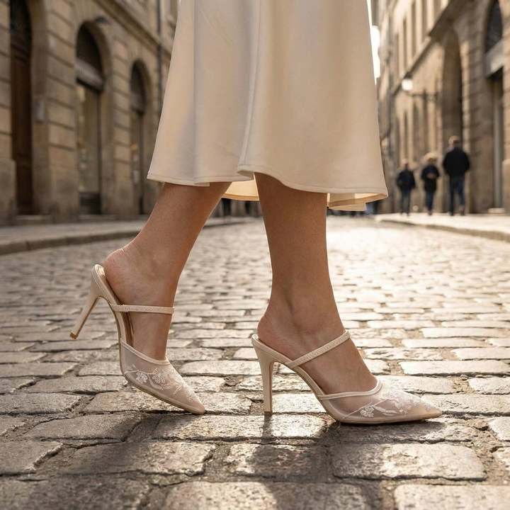 Décolleté da donna in rete ricamata con punta a punta e tacco a spillo slip-on