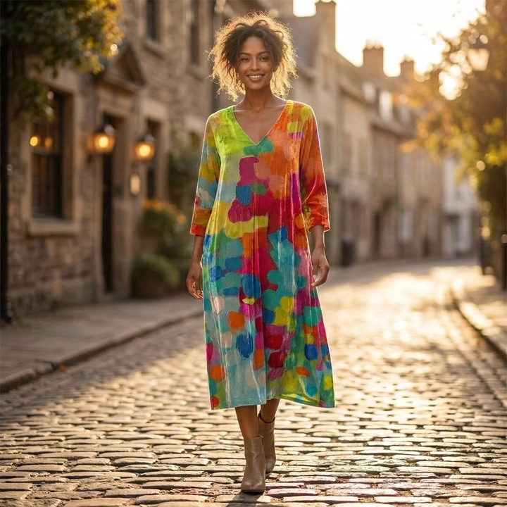 Vestito midi da donna in velluto floreale | Comodo, ampio, con scollo a V e maniche a tre quarti