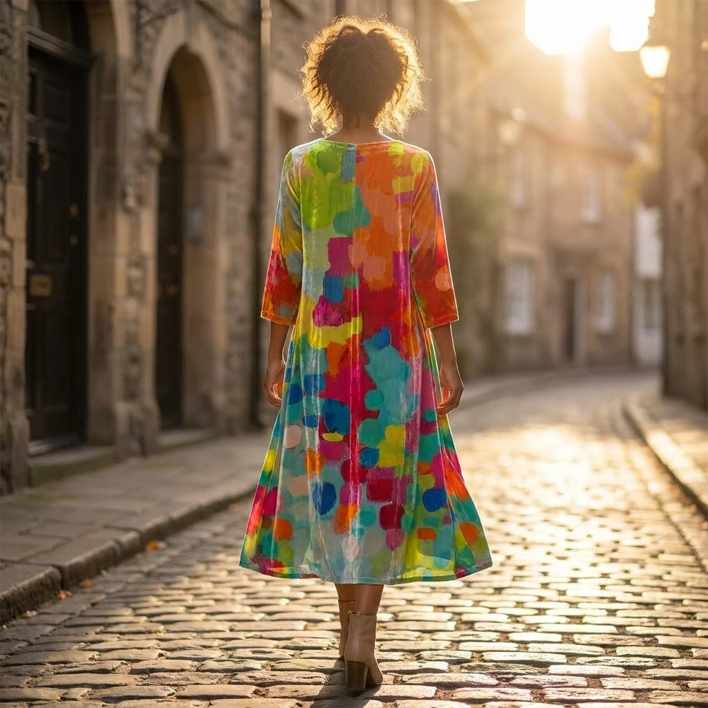 Vestito midi da donna in velluto floreale | Comodo, ampio, con scollo a V e maniche a tre quarti